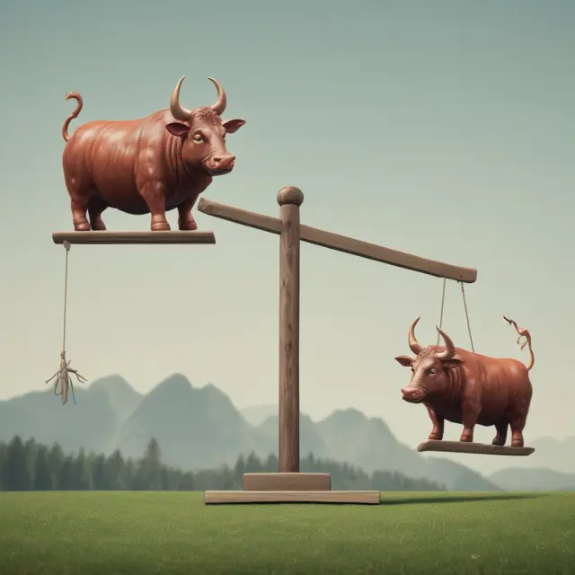 Two call options on a seesaw representing a Bull Call Spread strategy: one bought at a lower strike price and another sold at a higher strike price