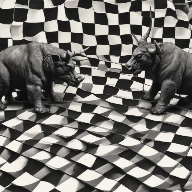 Bull and bear figurines play checkers on a chessboard, each making moves around a call option piece. Bull call spread strategy explained.