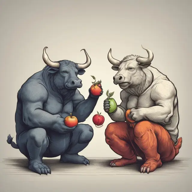 Two stock market animals (bull and bear) discussing an apple call spread contract
