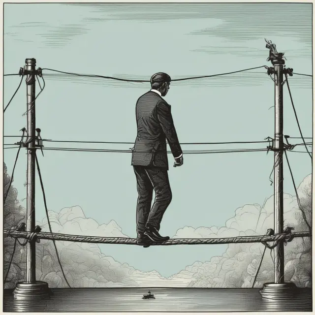 A bond issuer balances on a rope, representing the risk triangle of bullet bonds: interest rate risk, reinvestment risk, and credit risk