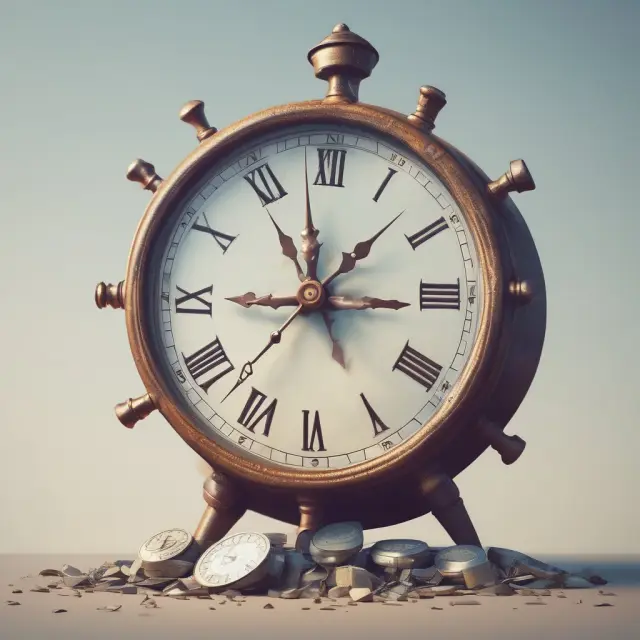 An ornate clock illustrates monthly installment payments as clock hands against the backdrop of a ticking time bomb, representing bullet repayments and their financial unpredictability