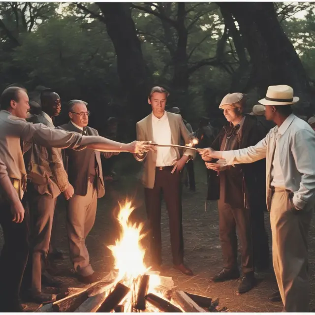 Bondholders transferring their positions to new investors around a bonfire, representing the predictable nature of bullet repayments.