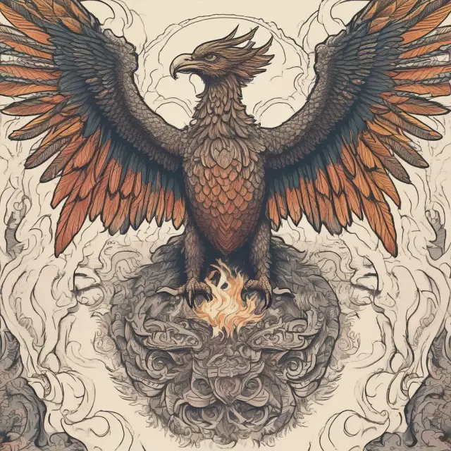 Phoenix emerging from dragon