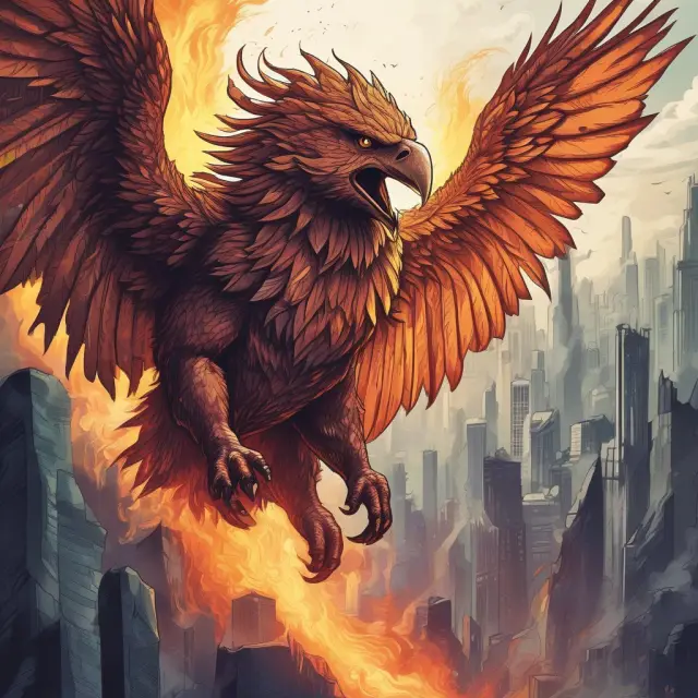 A bullish engulfing pattern symbolizing market reversal, depicted as a phoenix rising amidst bearish candles