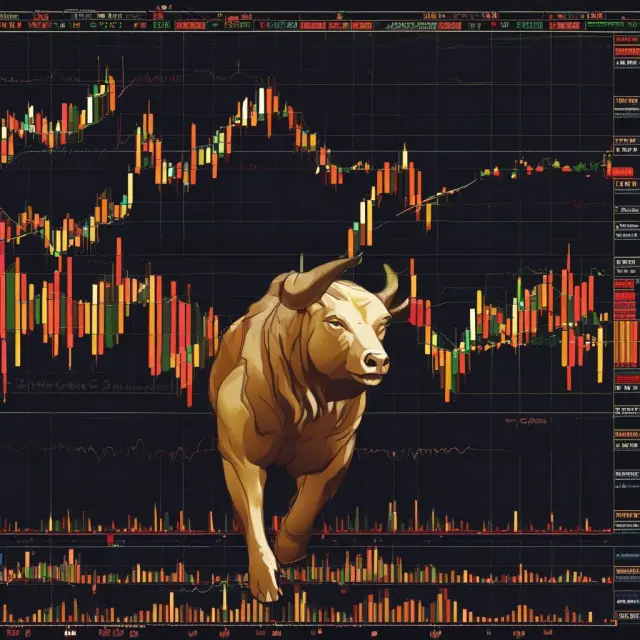Golden bull and bear admiring the significance of opening, closing, high, and low prices in a candlestick chart