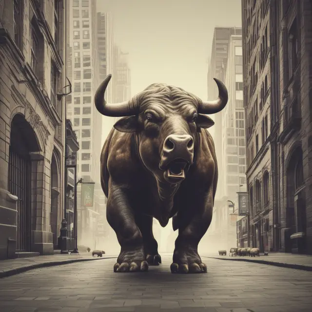 A bull and bear standing side by side, with a dynamic stock market in the background, illustrating bull markets as the fusion of economic and psychological factors.