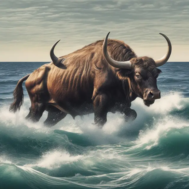 A sailboat braving stormy waters represents navigating bull market risks: volatility as waves, interest rates as wind direction, and geopolitical events as unpredictable storms
