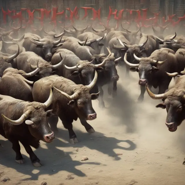A group of charging bulls constructing a bridge with their bodies, representing a steadfast and prolonged bull market