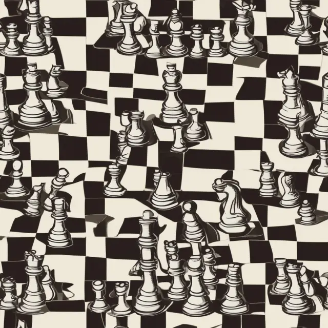 Chessboard scene with Bull Put Spreads, Long Call, Long Put, and Covered Call options strategies dueling.