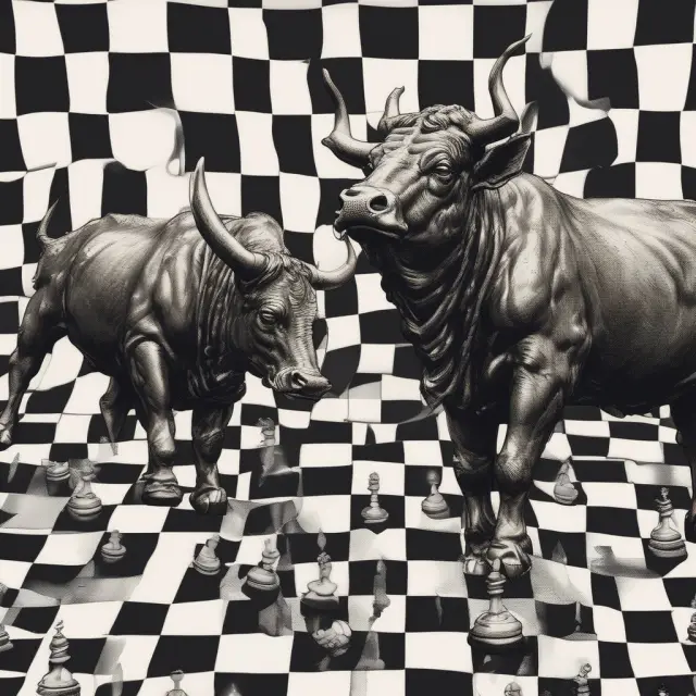 Two bulls engage in a metaphorical tussle on a chessboard, symbolizing bull call and put spread strategies
