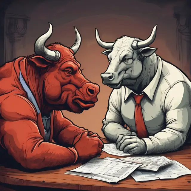 Bull and bear negotiating a bull call spread: Bullish investor and bearish seller sharing a contract at a table, with a rising ticker symbol between them