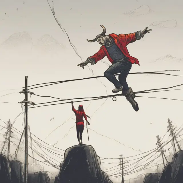 Person on a tightrope symbolizing bull put spreads, balancing risk and reward as the underlying asset price rises