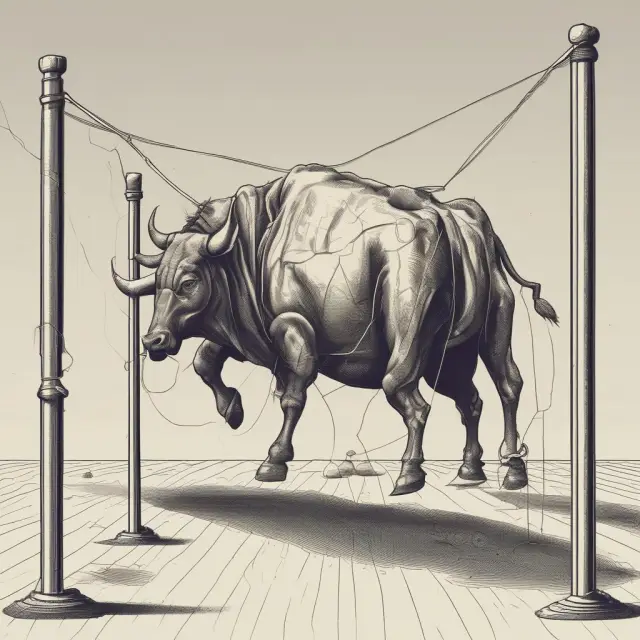 Visualization of a bull trap in finance, showing a bull being misled by false signals and ultimately falling into a reversal