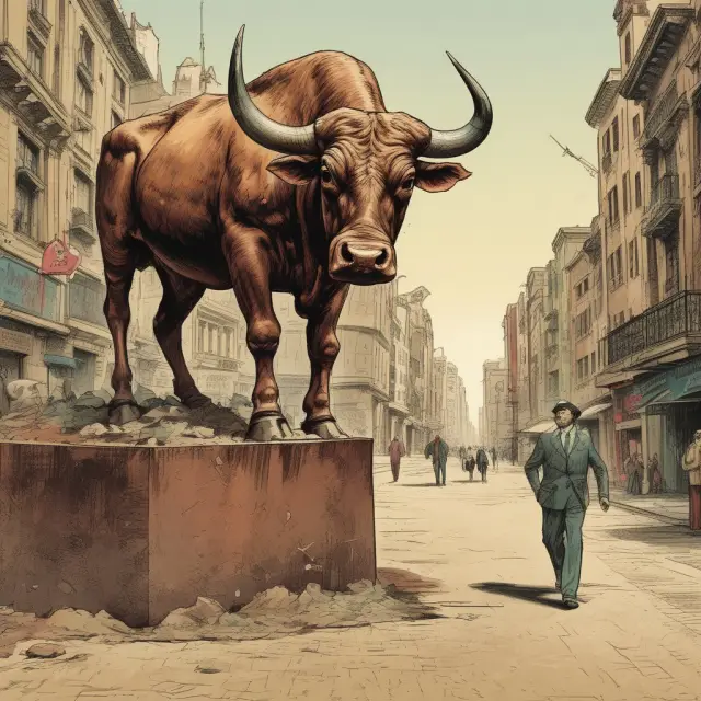 An illusionary oasis in the desert of financial markets, symbolizing bull traps deceiving investors with a false sense of prosperity