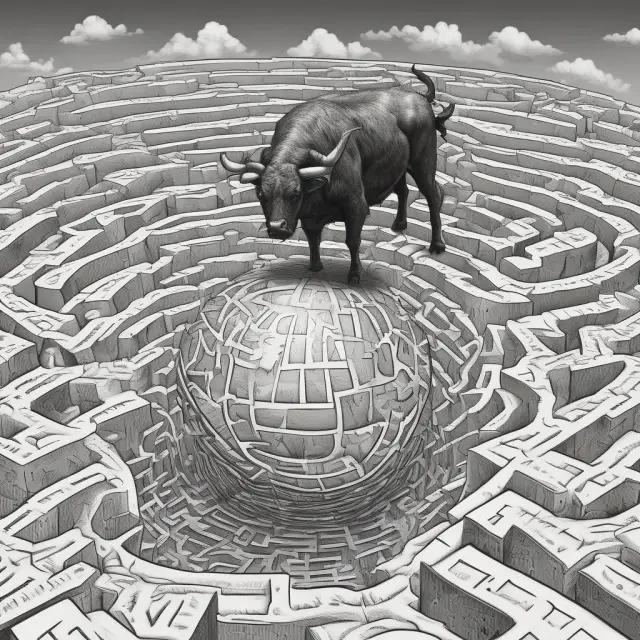 Trader navigating a maze of risk management tools to mitigate losses from a bull trap, using a crystal ball for market insight