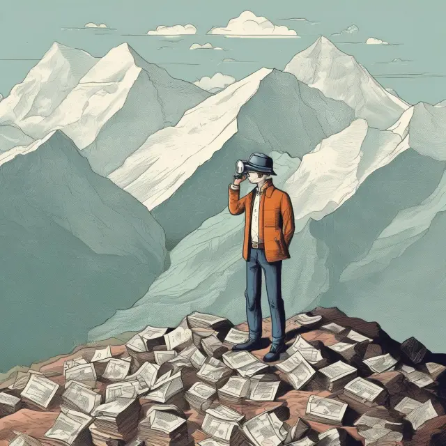 An investor carefully scanning market charts for false rallies (bull traps) while standing atop a mountain to gain perspective