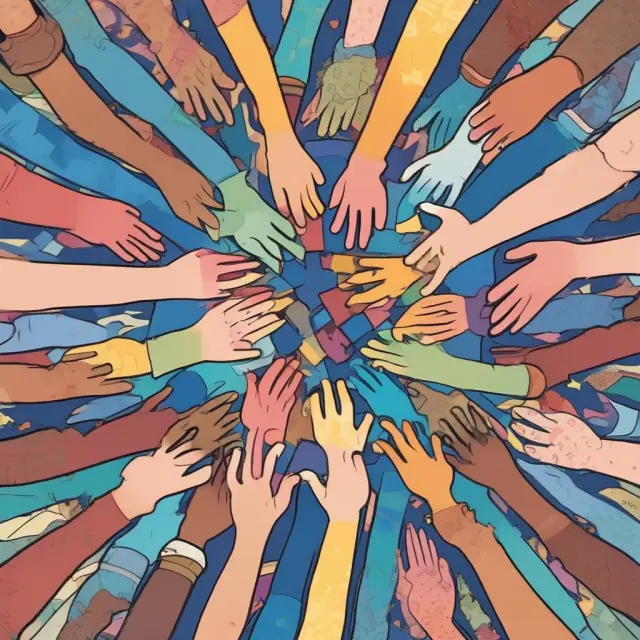 A colorful collection of hands holding jigsaw pieces, symbolizing the various bundle of rights in real estate coming together to form a complete property ownership image