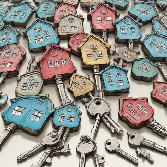 A homeowner holds five keys representing the essential rights (possession, control, exclusion, enjoyment, disposition) to a fortified castle symbolizing property ownership