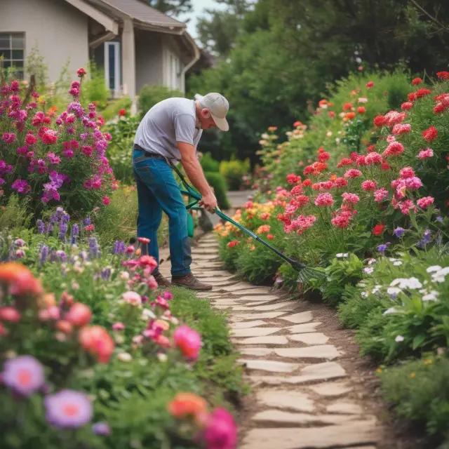 Homeowner gardening in their property with colorful blooms and adhering to local regulations.