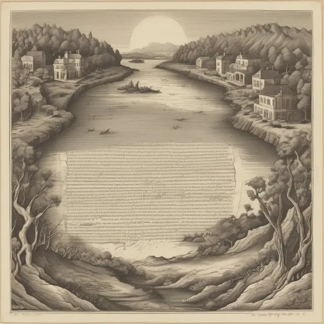 A dynamic scene of property rights represented as a river flowing through a diverse landscape, symbolizing the freedom to buy, sell, and transfer real estate assets.