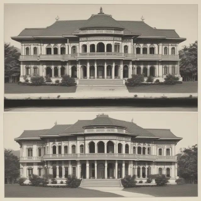 An image of a Bengali prince in front of his grand bungalow; as the years pass, it morphs into a modern single-story house