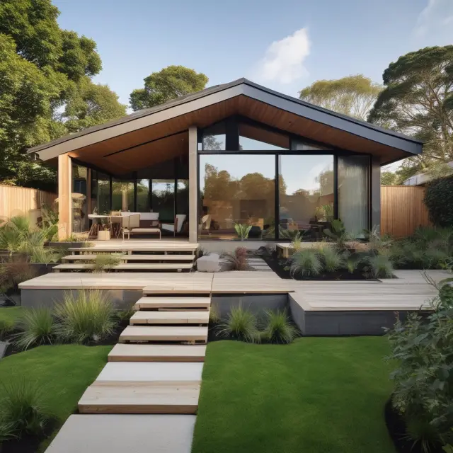 An outdated bungalow undergoing renovations, transforming into a contemporary living space with energy efficiency and eco-friendliness