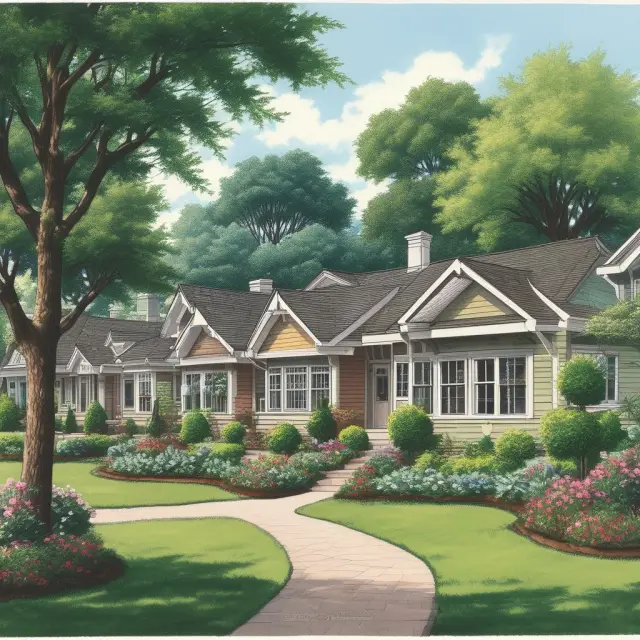 An institutional investor tending to a flourishing garden of bungalows, applying long-term planning and risk management techniques for sustainable growth.