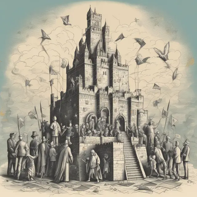 Officials building a castle from regulatory rules, representing the importance of bureaucracy in financial regulation.