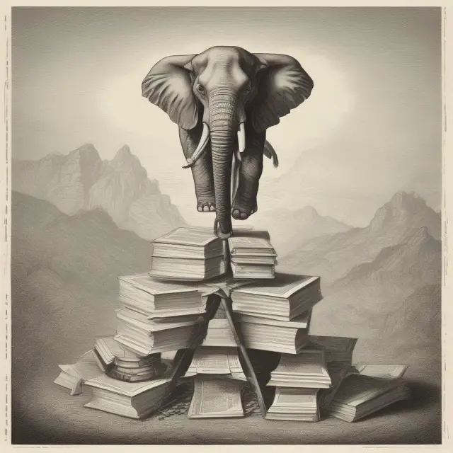 An elephant representing a bureaucrat struggles to keep a towering stack of paperwork balanced on its back, symbolizing the burden and debates surrounding bureaucracy