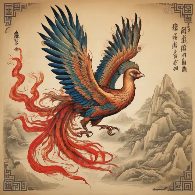 An image of a mythical phoenix rising from ancient Chinese scrolls, representing the historical evolution and transformation of bureaucracy.