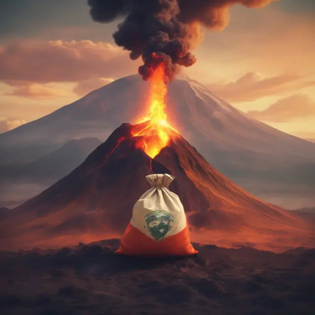 Startup facing financial pressure as a leaking money bag sits atop an erupting volcano - addressing high burn rates is crucial for long-term success
