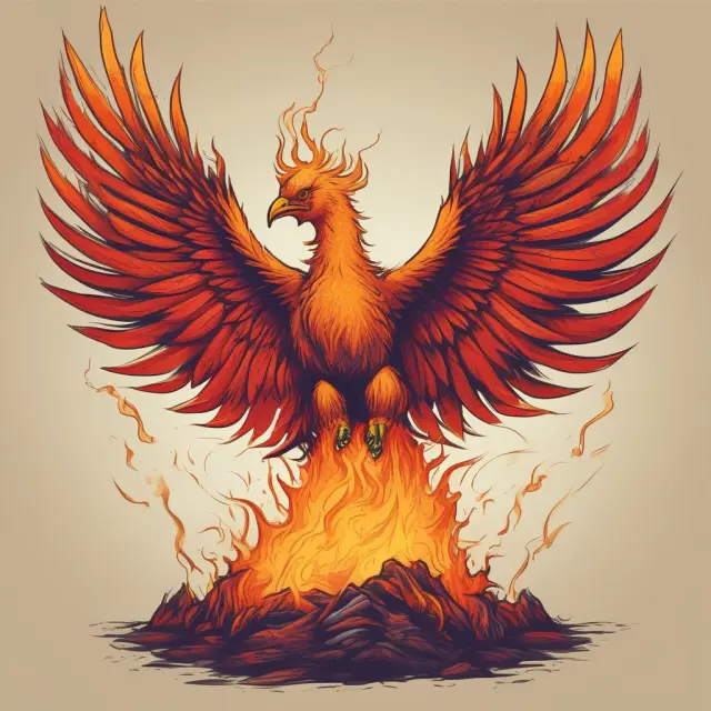 A mythical phoenix rising above a mountain of financial statements, transforming expenses into net profit, symbolizing effective burn rate management.