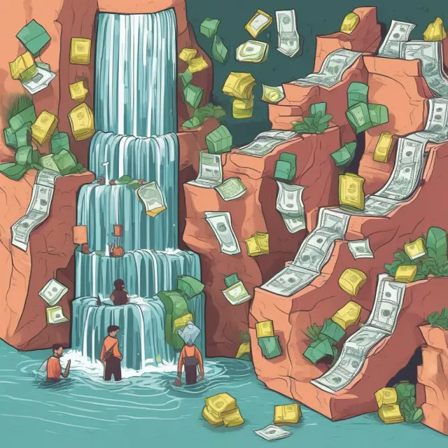 Image of a waterfall cascading cash downwards into three sections representing Operating, Investing, and Financing activities.