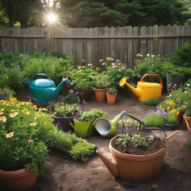 A garden with blooming assets under a strategic sun; watering cans for maintenance, and a compost bin symbolizing asset disposal