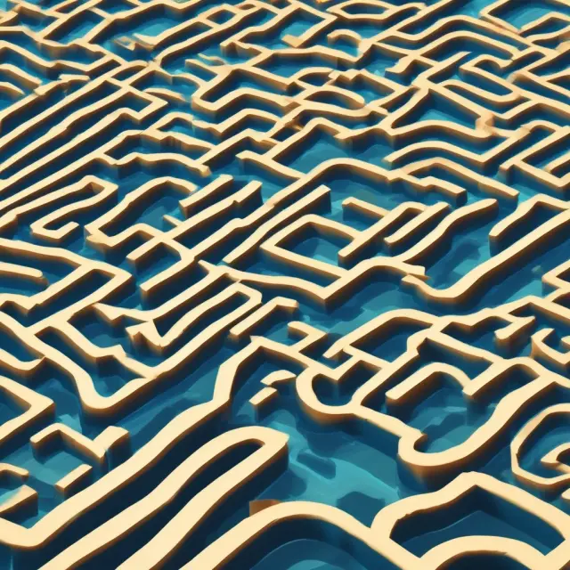 Digital river representing cash flow with businesses navigating an intricate maze symbolizing ACH and cash management systems