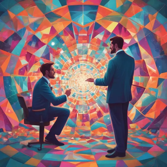 A corporate strategist examining economic data through a kaleidoscope, uncovering efficient production processes and profitable decision making