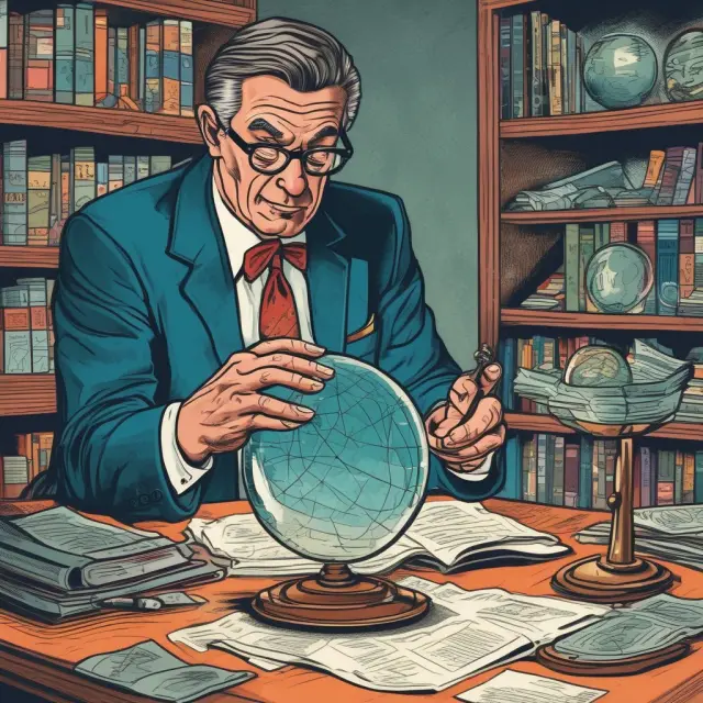 An economist studying various economic tools like cost-benefit analysis, forecasting, and econometrics while analyzing data in a crystal ball to identify trends
