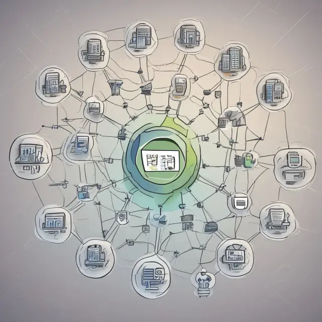 A colorful network of interconnected entities representing suppliers, distributors, consumers, competitors, government, processes, products, and technology in a vibrant business ecosystem.