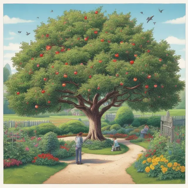 A lush garden featuring an apple tree symbolizing Apple, a starry night sky representing Google, and an open field personified as Microsoft, illustrating their successful business ecosystem strategies
