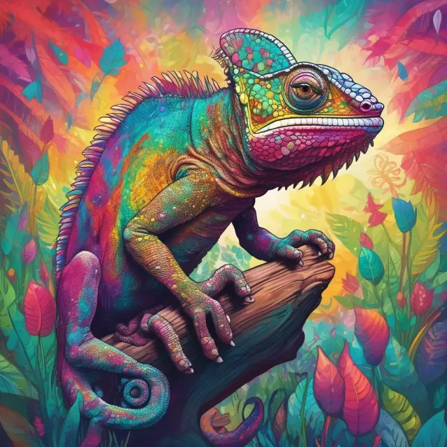 An agile chameleon blends into a diverse business ecosystem, symbolizing the importance of adaptability in business.