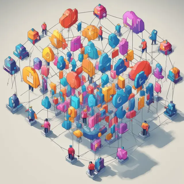 Businesses collaborating within an intricate, interconnected ecosystem to foster innovation and growth