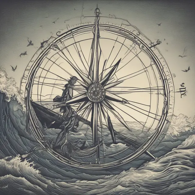 An ethical compass directs a sailor navigating financial dilemmas on a stormy sea, symbolizing the importance of making informed and principled decisions in business.