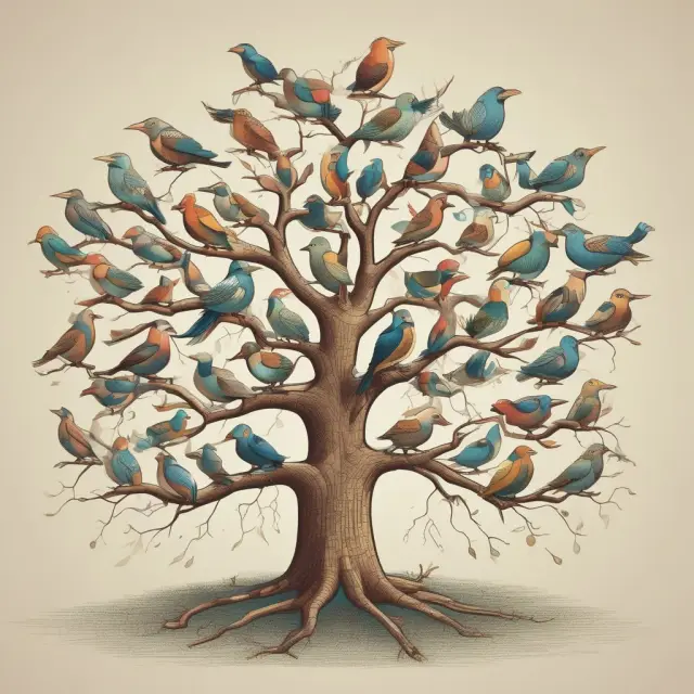 A tree adorned with twelve ethically-feathered birds, each symbolizing the principles of ethical business practices.