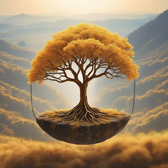 A golden tree symbolizing business ethics growing in a transparent, open valley, surrounded by stakeholders