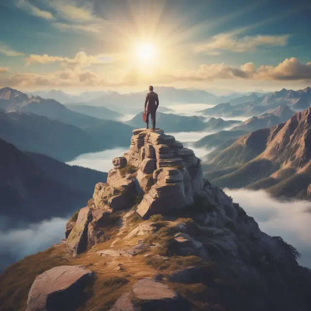 A leader standing tall on a mountaintop surrounded by business principles, symbolizing ethical leadership.