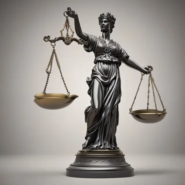 A balance scale with business ethics on one pan and the law on the other, symbolizing their intersection, maintaining fairness for all stakeholders