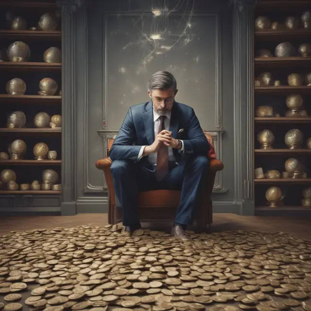 Entrepreneur evaluating exit strategies, represented by gold coins (strategic acquisitions), silver (management buyouts), and an IPO lottery ticket. Illustrates liquidity and market conditions.