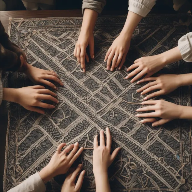 Founders collaborating on a tapestry representing their individual preferences in choosing a business exit strategy