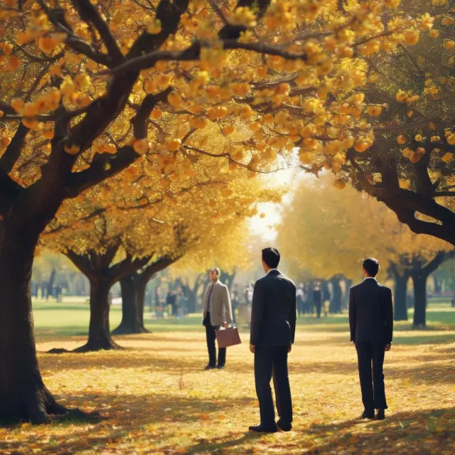 An entrepreneur stands proudly next to a golden apple tree in a flourishing orchard, surrounded by potential buyers considering their next investment.