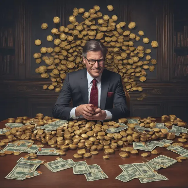 A business exit negotiation scene showing a person weighing due diligence, pricing, and deal structuring with gold coins and dollar bills
